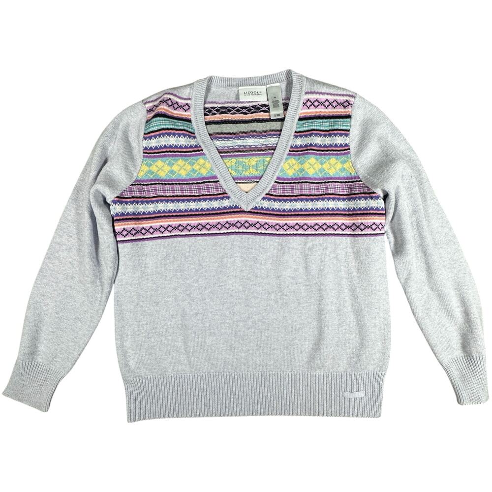 LizGolf (Liz Claiborne) VTG 100% Cotton Argyle Lavender Sweater - Size Medium